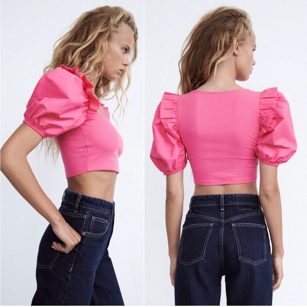 Zara Pink Balloon Ruffle Puff Sleeve Square Neck Rib Cropped Top Size L